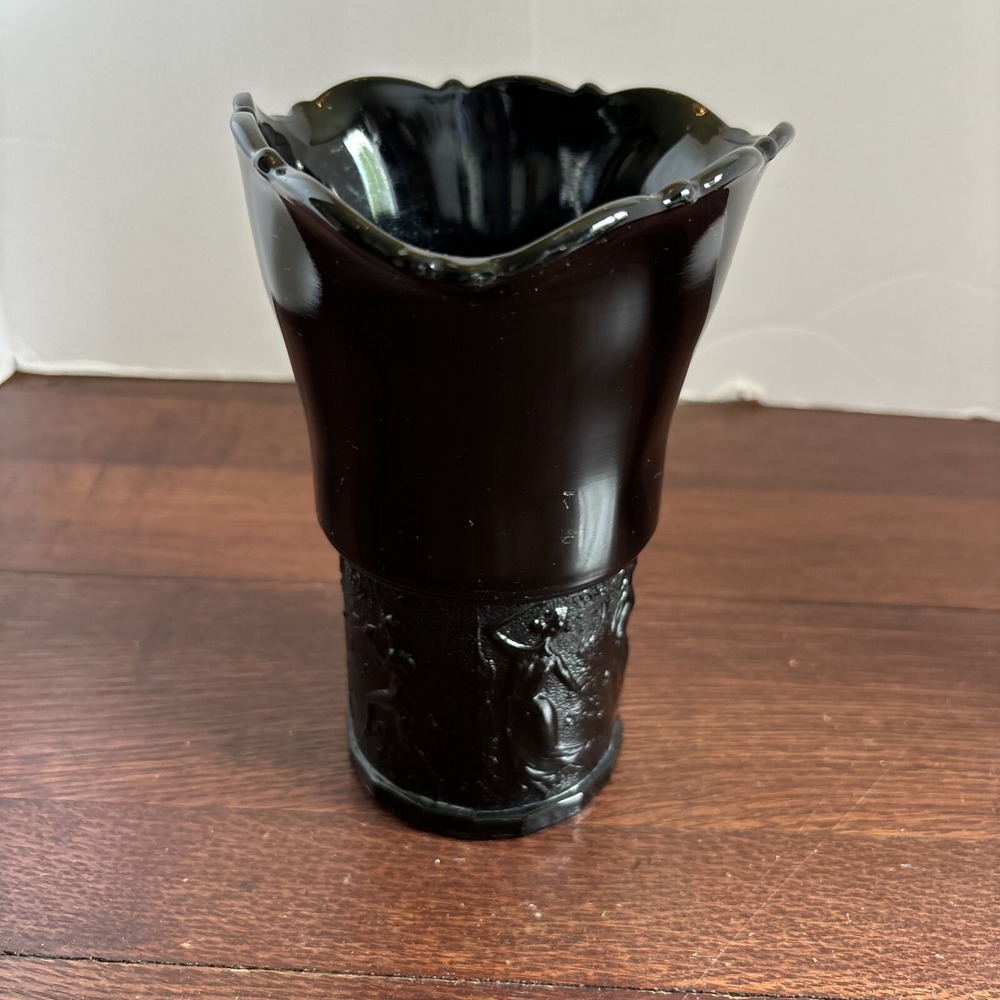 Vintage LE Smith Black Amethyst Dancing Nymphs Tri-Corner Vase Depression Glass